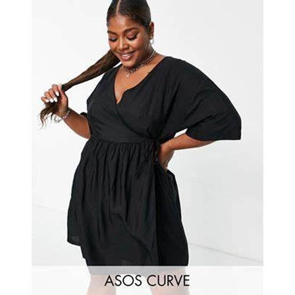 ASOS Curve Black V-Neck Gathered Waist Mini Dress